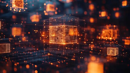 Abstract Digital Cubes with Glowing Lines and Points