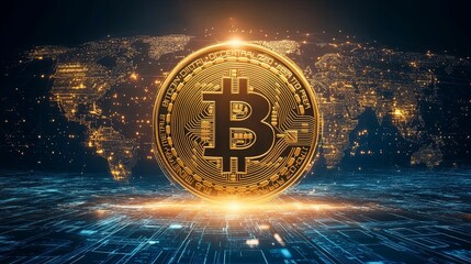 Golden Bitcoin Coin Over World Map with Digital Network Background
