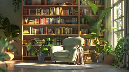 Cozy Reading Nook with Books and Plants for Relaxation, Perfect for Book Lovers