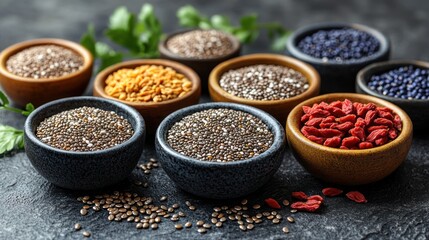 A variety of seeds and spices in bowls on a textured surface.