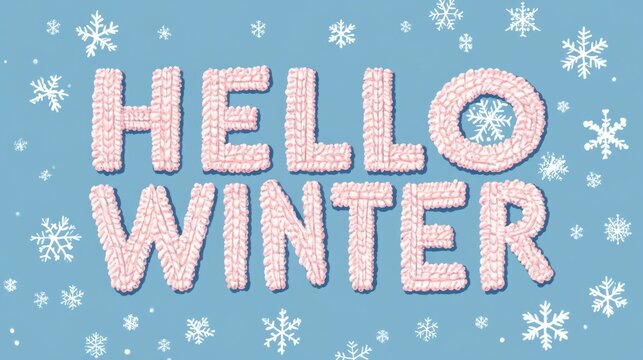 Hello Winter Text in Pink Woolen Threads on Snowflake Background