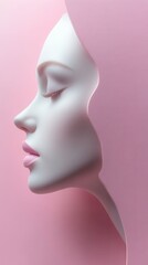 A serene profile of a woman is depicted with smooth, flawless features, framed by a soft pink backdrop. The image accentuates her delicate facial structure, creating a calming and harmonious visual ex