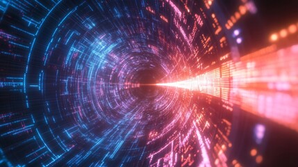 Fototapeta premium Abstract digital tunnel with pink and blue glowing lines
