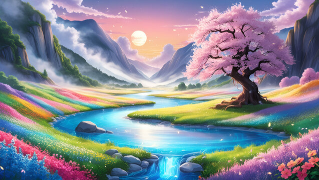 

Under the serene embrace of moonlight, a breathtaking landscape unfolds. The full moon hangs low in the sky, casting a silvery glow that dances upon the petals of wildflowers. 