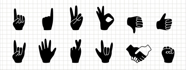 Silhouette Hand gestures colorful set isolated on white background. Thumb up and ok, peace and attention, like and dislike. Vector cartoon flat illustration.