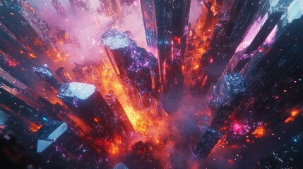 Abstract Cityscape with Glowing Towers and Smoke