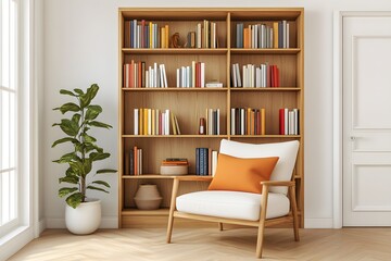 Cozy reading nook with oak bookshelf and natural light.