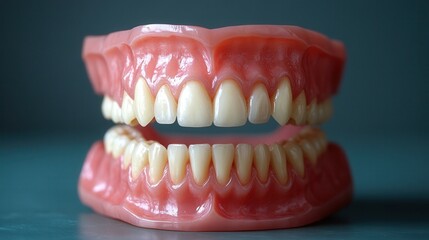Obraz premium This display features a detailed model of human dentures, showcasing upper and lower sets with realistic teeth and gums. The dark blue background enhances the visibility of the dental replica, emphasi