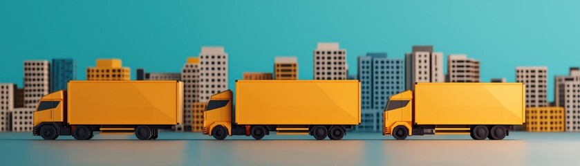 Naklejka premium Three yellow toy trucks lined up against a colorful city skyline backdrop.