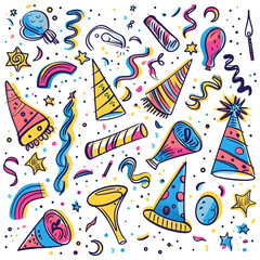 New Year and Christmas card, graphic advertising backgrounds in a doodle 2D illustrator style.