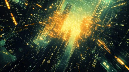Fototapeta premium Futuristic cityscape with glowing lines and a star field in the background