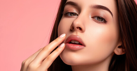 Fototapeta premium Beautiful woman face with collagen pill, dietary supplements in hands, capsules banner, mineral pills