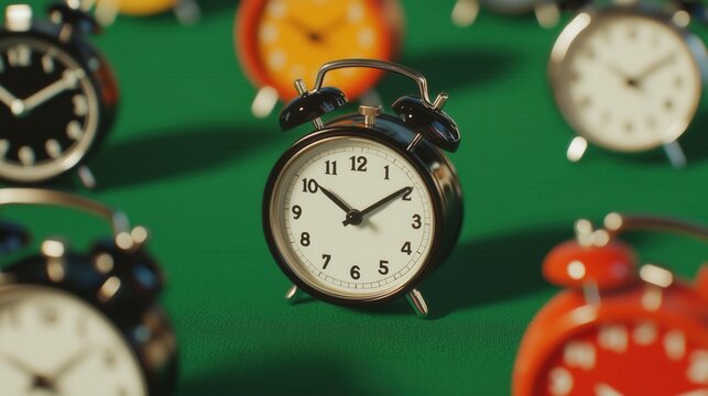 Multicolor alarm clocks on green surface for time management and design concepts