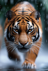 Naklejka premium Close-up of a tiger walking in the rain, showcasing its intense gaze and powerful stance, symbolizing strength, resilience, and the wild.