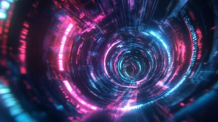 Obraz premium Abstract digital tunnel with glowing neon lights and code.