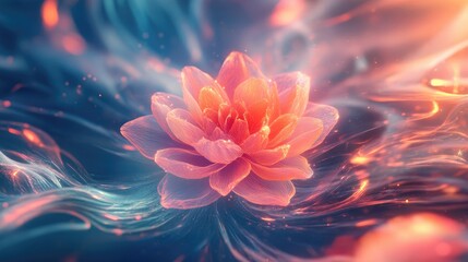 Fototapeta premium A beautiful 3D blooming flower with multi-layered petals, surrounded by a dynamic, abstract background of swirling light and colors