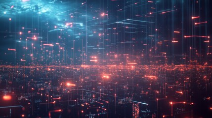 Fototapeta premium Abstract digital cityscape with red and blue glowing lines and points of light.