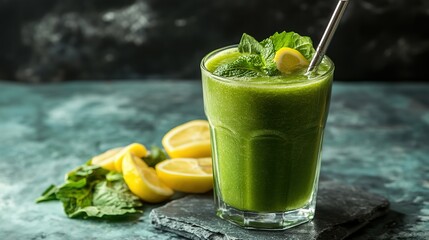 Fototapeta premium Refreshing green smoothie with lemon slices and ice on a dark background perfect for a healthy drink idea
