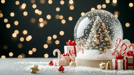 Festive Christmas scene with red ornaments, candy canes, wrapped gifts, and a snow globe, placed next to a snow-covered Christmas tree. Soft, glowing bokeh lights fill the light background.