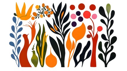 Naklejka premium Abstract Floral Design with Bird Leaves and Circles