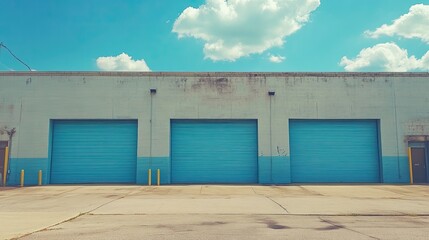 Fototapeta premium Blue warehouse with three oversized garage doors, standing tall under a sunny sky, capturing the essence of industrial architecture