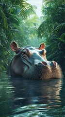 Fototapeta premium Hippo in Lush Jungle Oasis Under Soft Sunlight