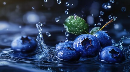 Blueberry falling into water, surrounded by dynamic splashes and droplets, creating a refreshing scene