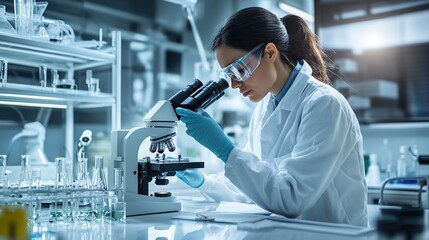 Scientist examining samples under a microscope in a modern laboratory during evening hours