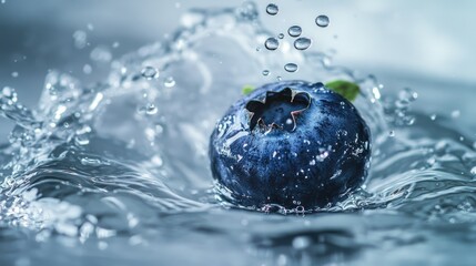 Blueberry suspended in the air, just above a water splash, with droplets scattering in a clean, crisp scene