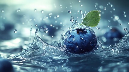 Blueberry suspended in the air, just above a water splash, with droplets scattering in a clean, crisp scene