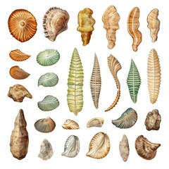 Fossils Set, Archeologic Fossil Dig Collection Isolated, Fossilized Prints of Prehistoric Plants and Animals