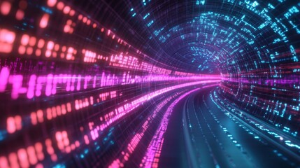 Obraz premium A glowing digital tunnel with pink and blue data streams.
