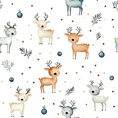 Watercolor Reindeer Seamless Pattern Cute Woodland Animals for Kids Fabric Paper Goods