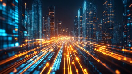 Obraz premium Futuristic Cityscape with Glowing Lines and Data Streams