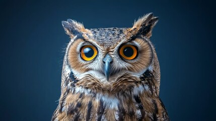 Obraz premium Close-up of a Eurasian Eagle Owl with Intense Orange Eyes, Detailed Feather Texture, Dark Blue Background