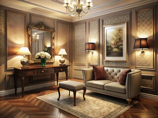 Fototapeta premium Vintage Style Interior of a Modern Anteroom with Elegant Furnishings and Soft Lighting