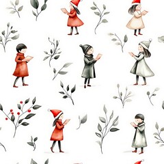 Naklejka premium Watercolor Christmas Carolers Seamless Pattern Holiday Illustration Festive Design