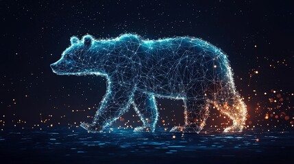 Fototapeta premium A visionary digital art piece depicts a bear illuminated with orange light as it traverses a space filled with digital sparks, symbolizing creative possibilities.