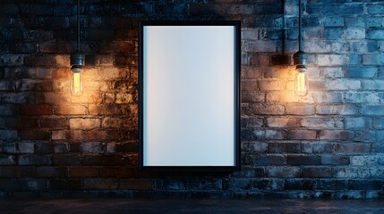 A minimalist framed mirror with a blank surface, flanked by warm pendant lights against a textured blue stone wall.