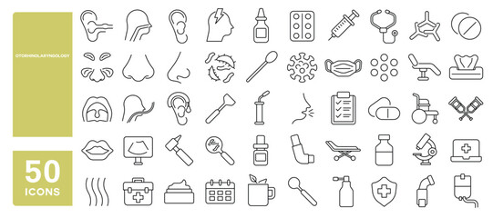 Set of 50 line icons related to otorhinolaryngology, adenoids, throat, nose, ear, endoscopy, sneeze, rhinitis, bacterial, cough, diaphanoscopy, Editable stroke. Vector illustration
