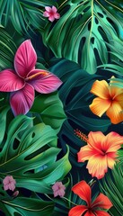 Naklejka premium Vibrant tropical leaves and brilliantly colored flowers create a stunning display of natural beauty, showcasing rich hues and intricate textures. Generative AI