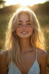 Fototapeta premium A young woman stands in a sunlit field, smiling confidently as the golden light of sunset frames her face. Her long hair glows in the soft light, highlighting her cheerful expression and the tranquil 