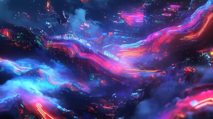 Abstract digital landscape with neon lights and swirling energy