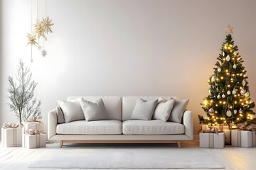 A cozy living room scene featuring a decorative Christmas tree, a comfy sofa, and festive decor, creating a warm holiday atmosphere.