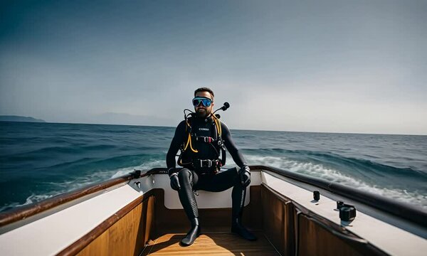 Diver in a diving suit on a boat.