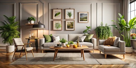 Transform your living room into a modern elegant space with artful mock-up frames and earthy decor, blending sophistication and tranquility for an