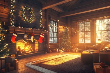 A cozy, festive room adorned with Christmas decorations, including a tree, stockings, and a glowing fireplace, creating a warm holiday atmosphere.