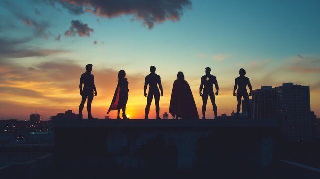 Superhero silhouettes posed on a rooftop, representing power and bravery. 