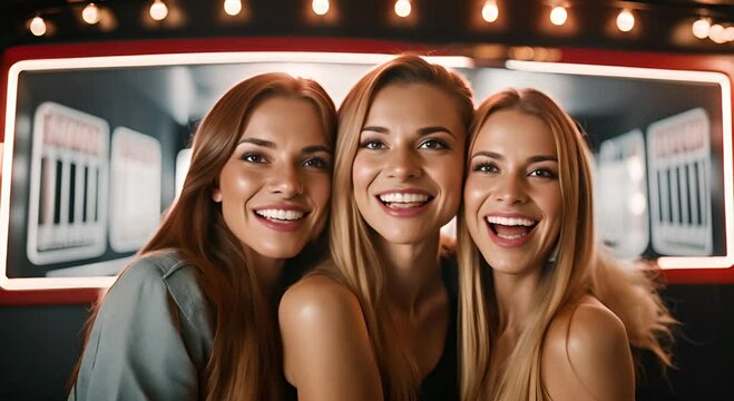 Happy friends at a photocall.