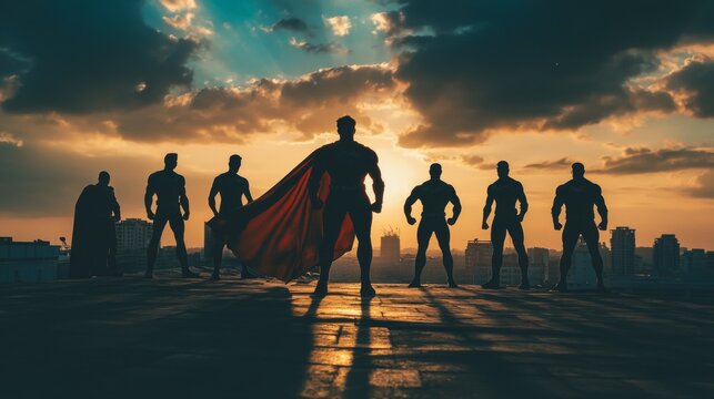 Superhero silhouettes posed on a rooftop, representing power and bravery. 